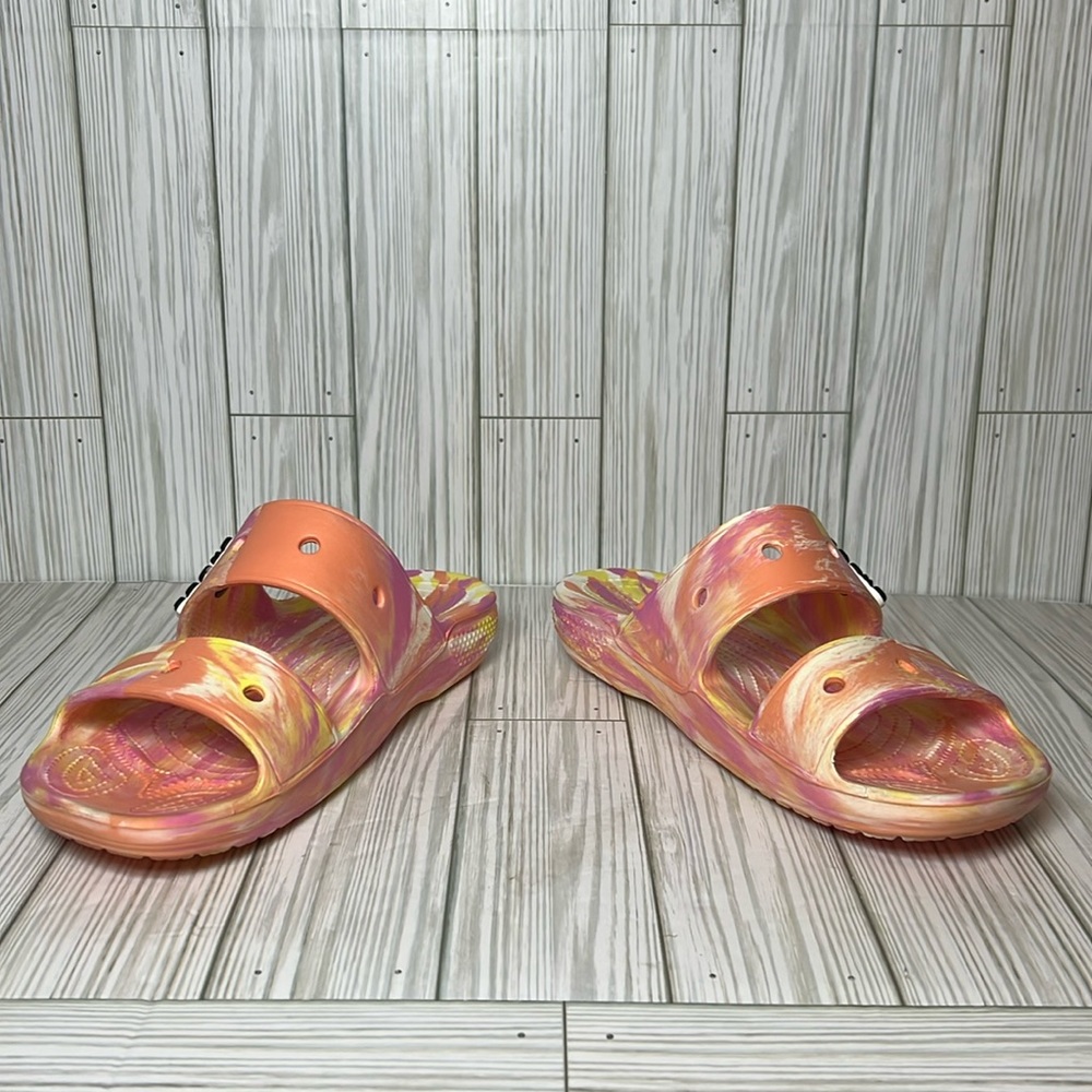 Crocs Women’s Classic Marbled Slides Orange Pink Yellow Sandals Size W 10 M 8 - Picture 3 of 9